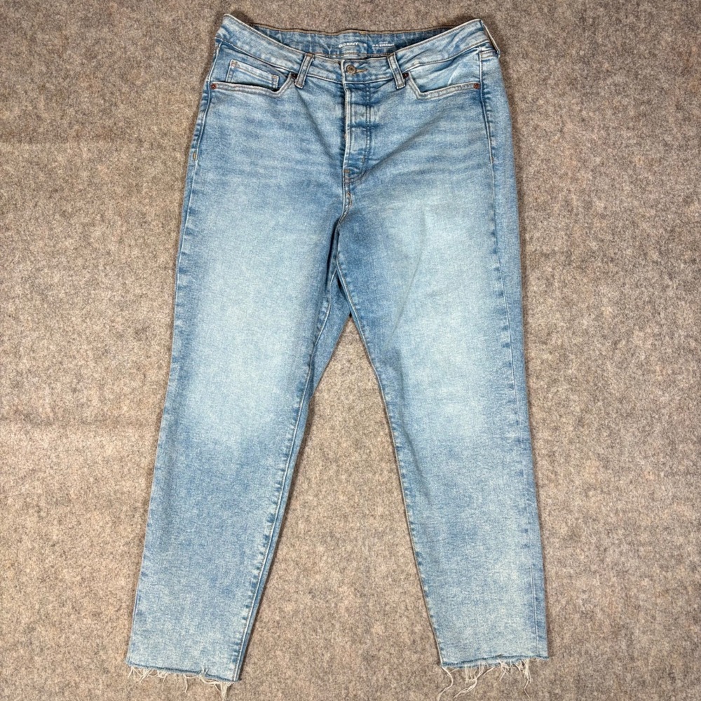 Old Navy OG Straight Stretch Jeans Womens 14 Blue High Rise Raw Hem Kitty Kat